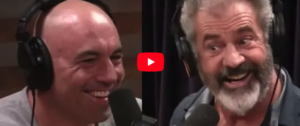 Joe Rogan and Mel Gibson on a split screen discussing stem cells in Rogan's studio.