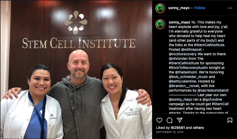 Sonny Mayo Instagram post about stem cell therapy