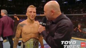 UFC fighter TJ Dillashaw after his TKO victory against Cody Garbrandt being interviewed by Joe Rogan.