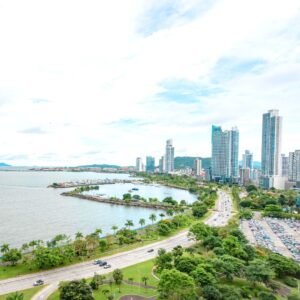 View of the ocean and Panama City, Panama, skyline
