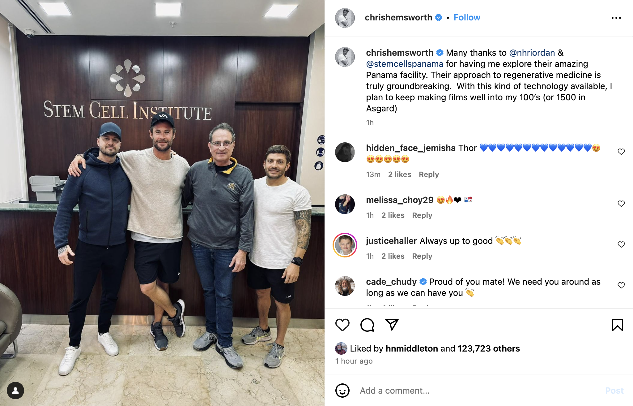 Chris Hemsworth visits Stem Cell Institute with Dr. Neil Riordan, Bobby Hanton, and Luke Zocchi