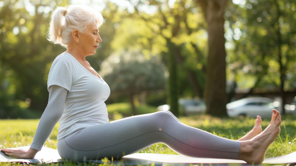 wellness and longevity benefits of stem cells fit senoir woman doing pilates stretches on a mat in a quiet outdoor