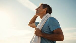 middle-aged man in a t-shirt with a towel over his shoulder looking into the sky