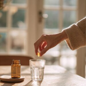 wellness and longevity benefits of stem cells woman placing a vitamin capsule in a glass of water