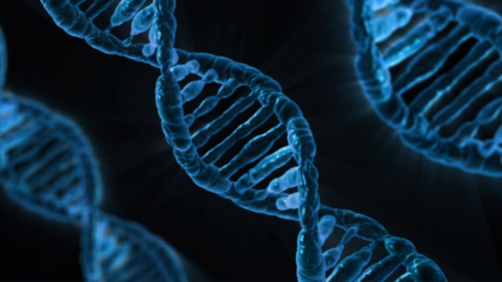 artistic rendering of DNA in blue on a black background